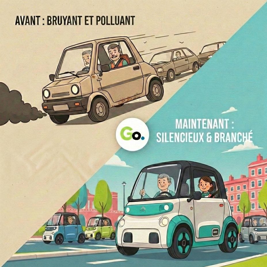 Illustration comparant une voiture sans permis à essence traditionnelle et une voiture sans permis électrique moderne comme la Citroën Ami